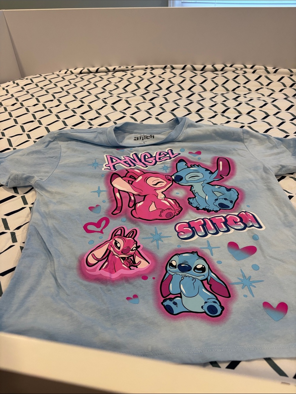 Disney Light Blue Short Sleeve Tee with Pink & Blue Angel Stitch Graphics